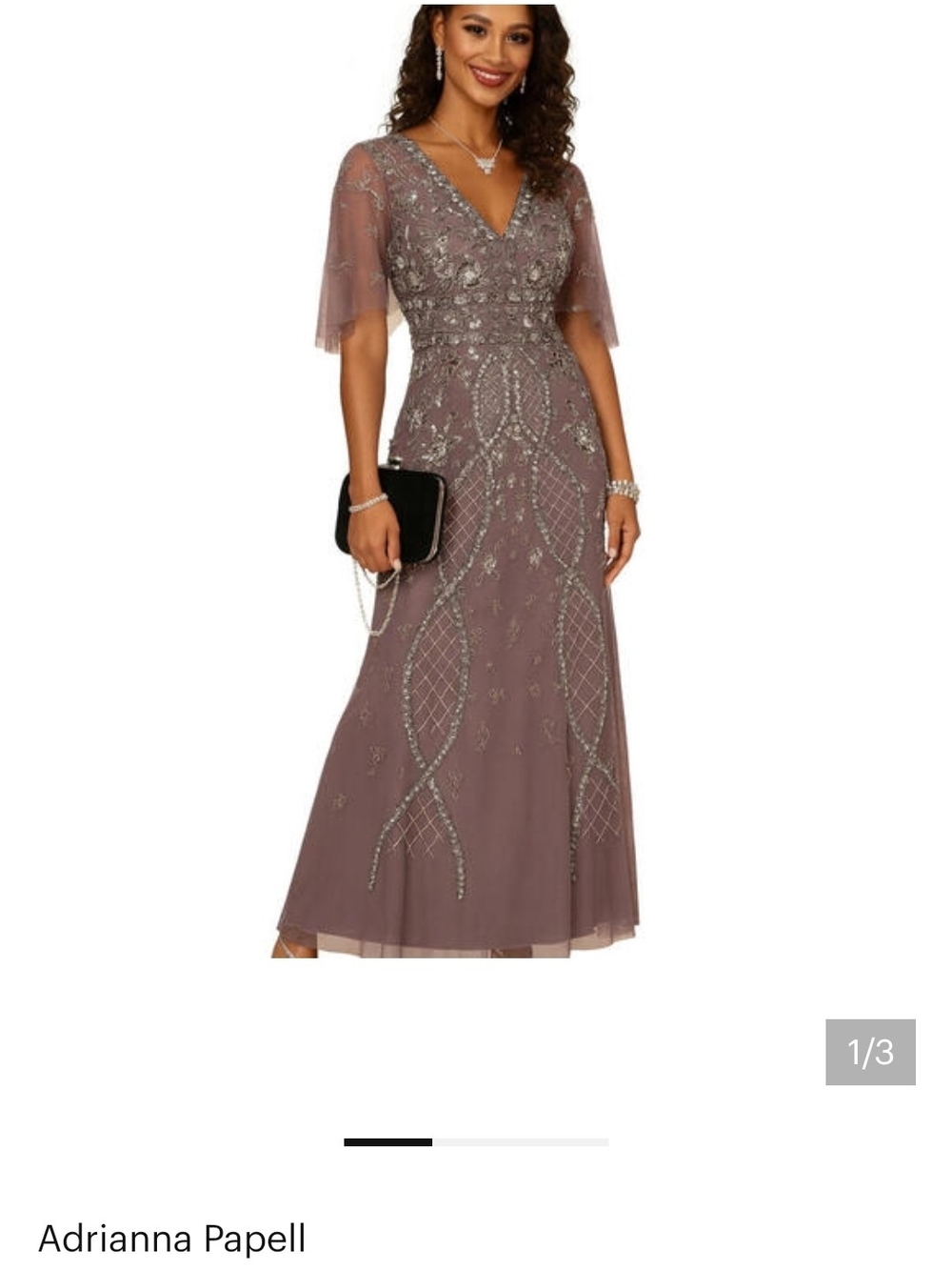 Adrianna Papell Mauve Beaded V-Neck Evening Dress